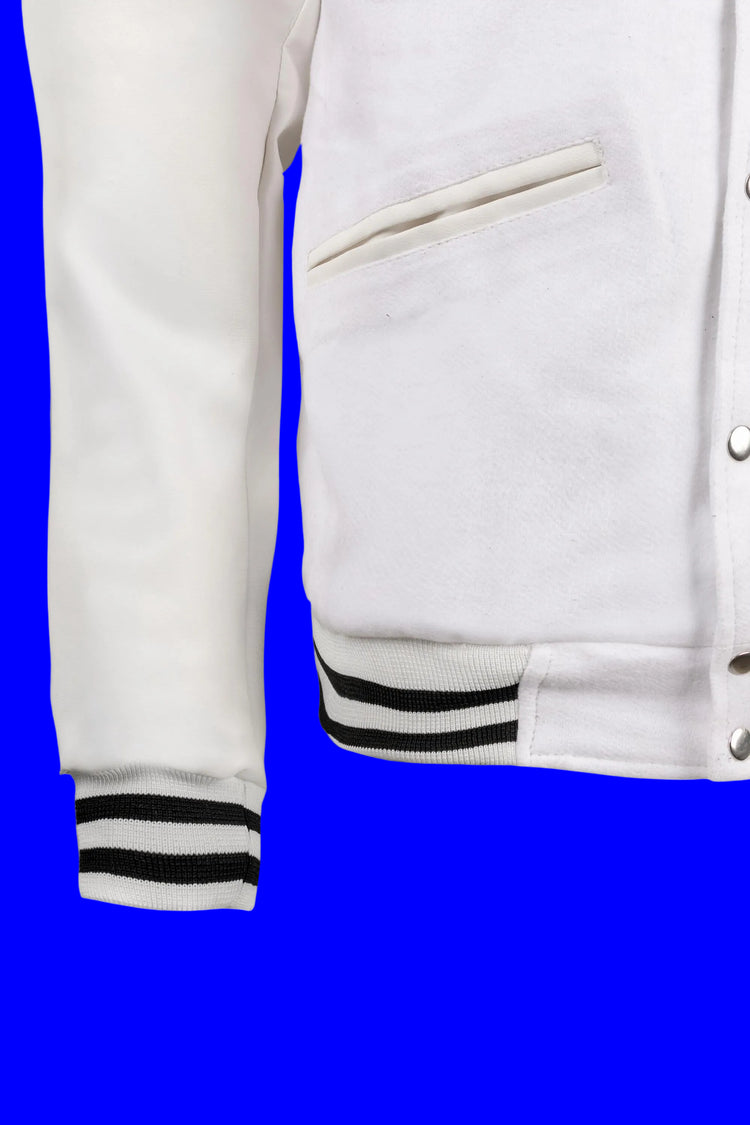 The Weeknd XO Varsity Jacket white and black front detail