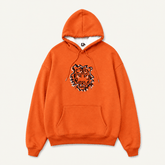 Squatchfuzz Tiger Hoodie featuring a bold tiger design on an orange background.