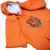 Squatchfuzz Tiger Hoodie featuring a bold tiger design and vibrant orange color, perfect for Bigfoot enthusiasts.